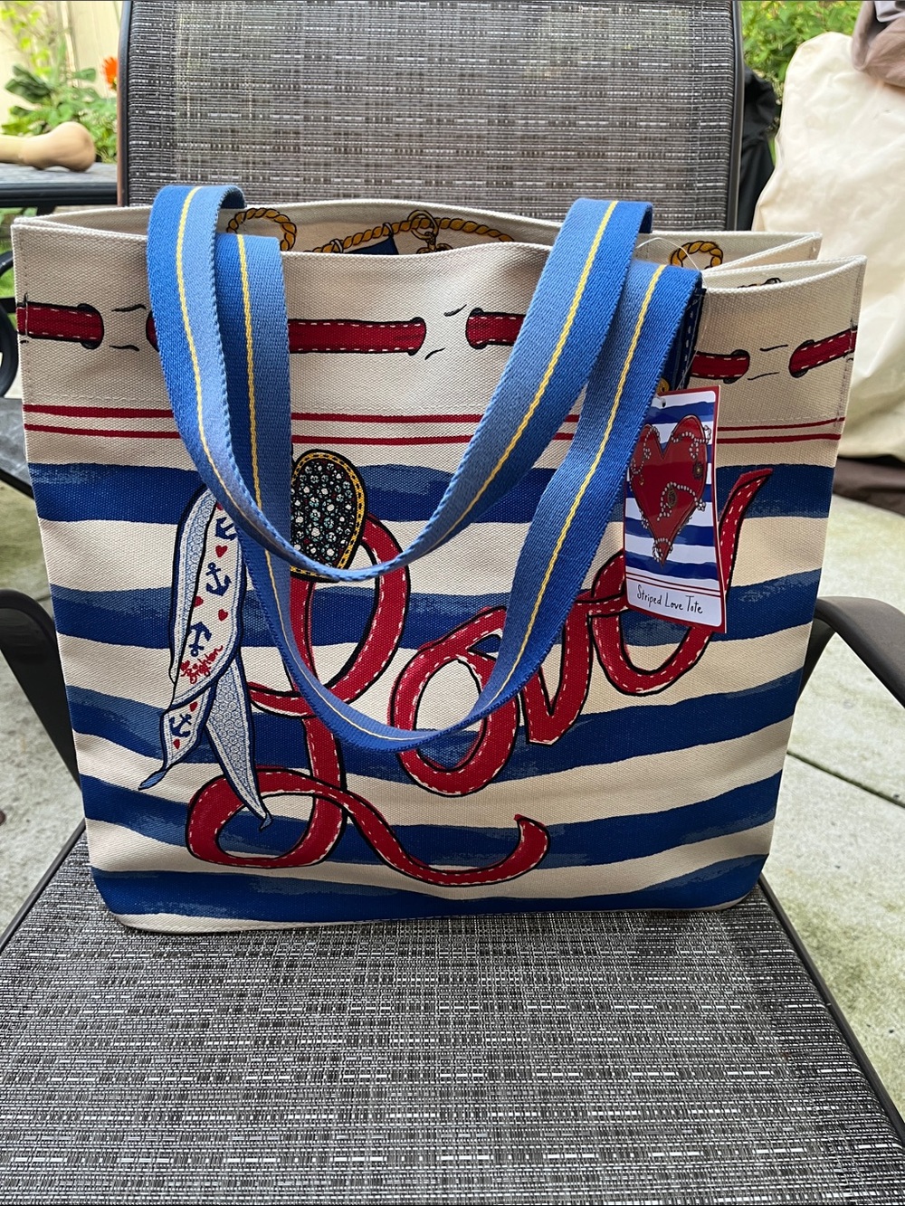Brighton Canvas Tote with Blue Stripes and Red 'Love' Script